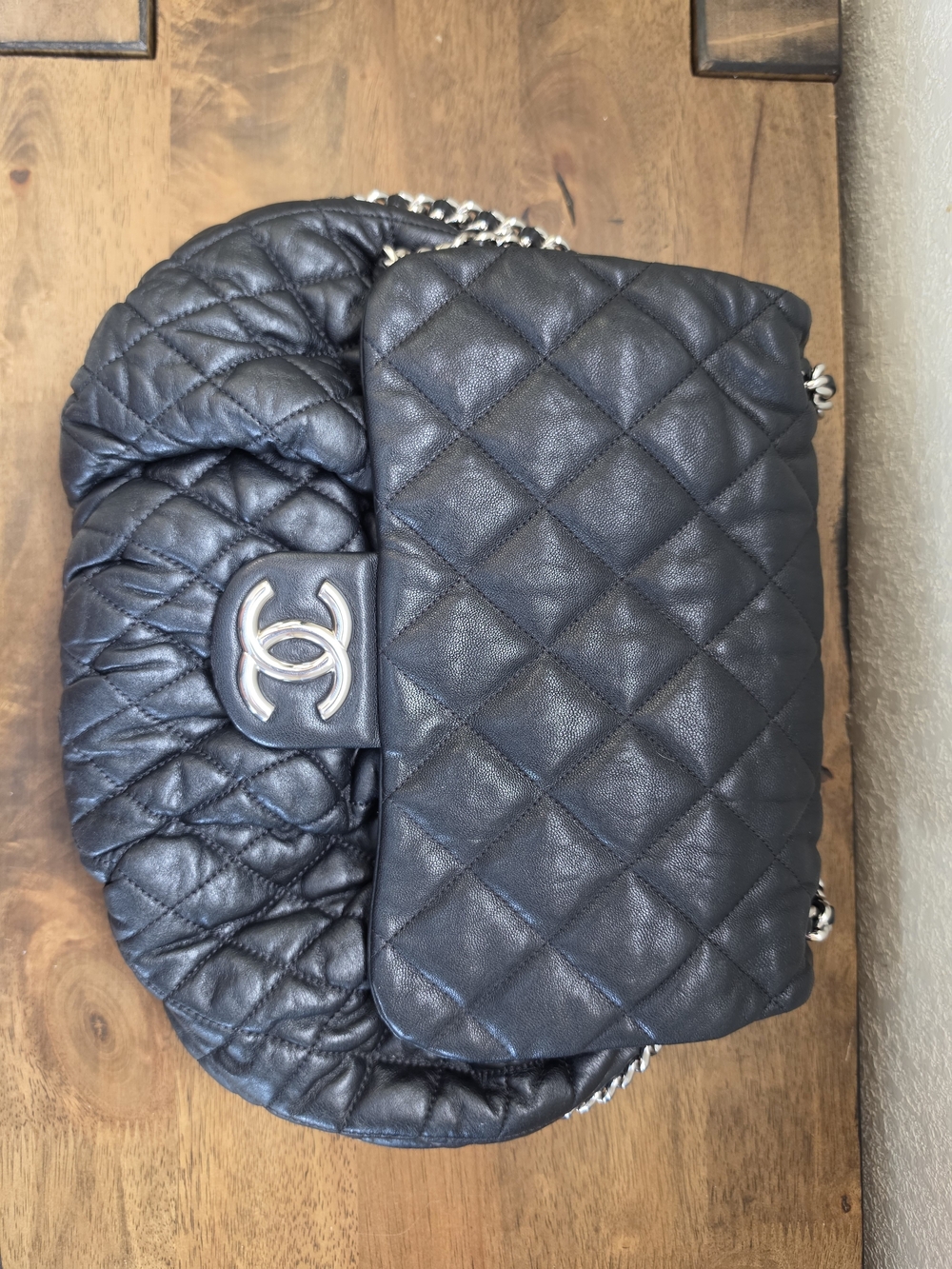 Chanel Black Puffy Quilted Lambskin Leather Chain Flap Bag